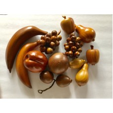 Mid Century Wood Carved Fruit Banana Apple Grapes Peach Rich Brown Tones 12 Pcs   153137228980